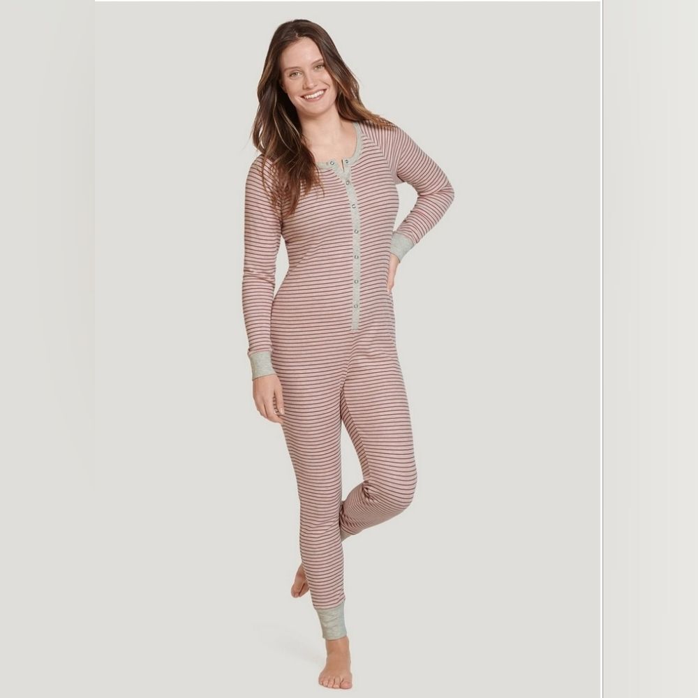 JOCKEY Women's Waffle Union Suit in Oatmeal Rose Clay Stripe One piece Pajama, M